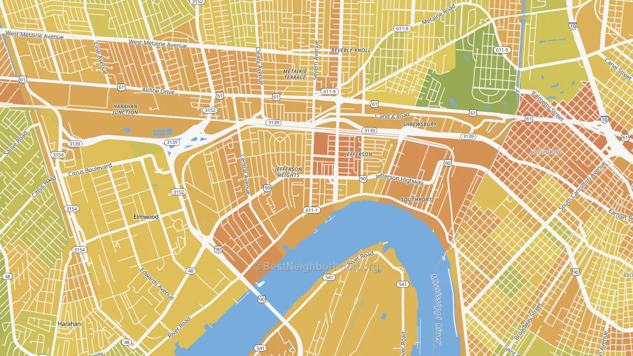 Map of the best neighborhoods in the Jefferson area, with better matches in green and worse matches in red