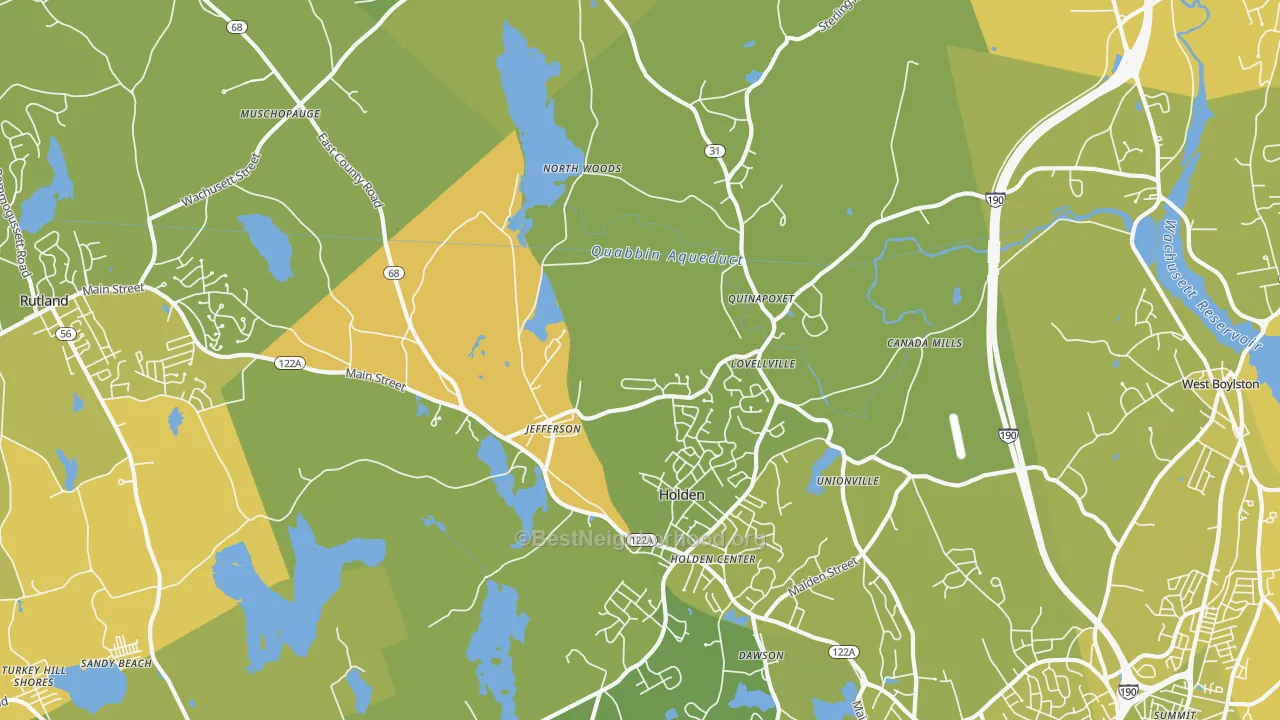 Map of the best neighborhoods in the Jefferson area, with better matches in green and worse matches in red