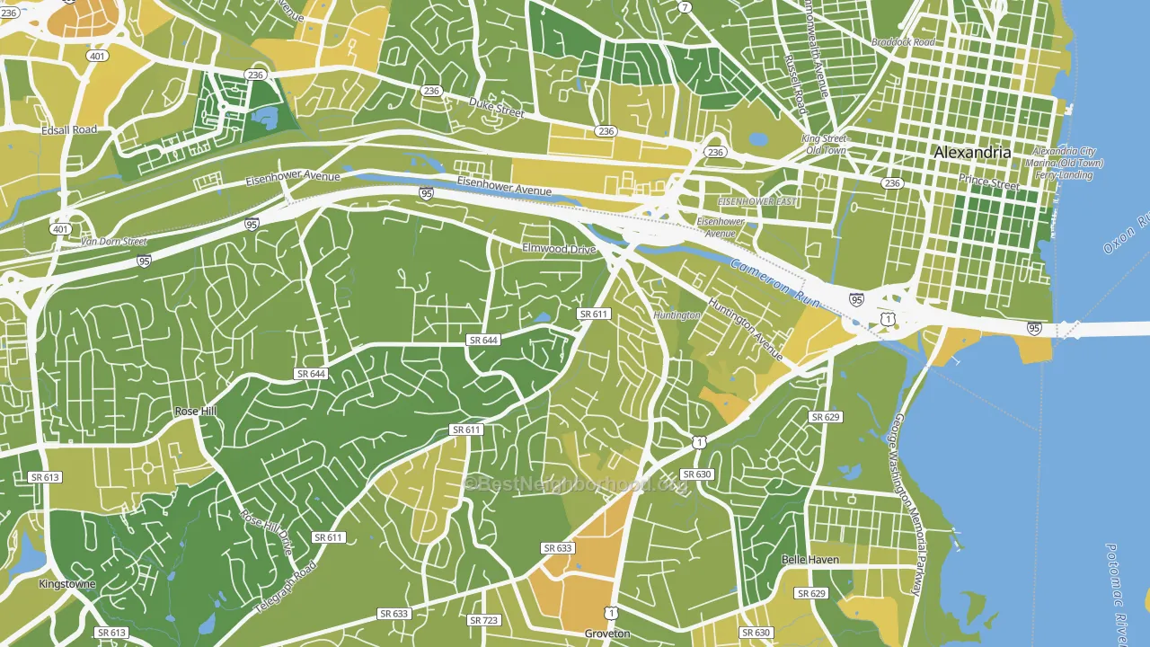 Map of the best neighborhoods in the Jefferson Manor area, with better matches in green and worse matches in red