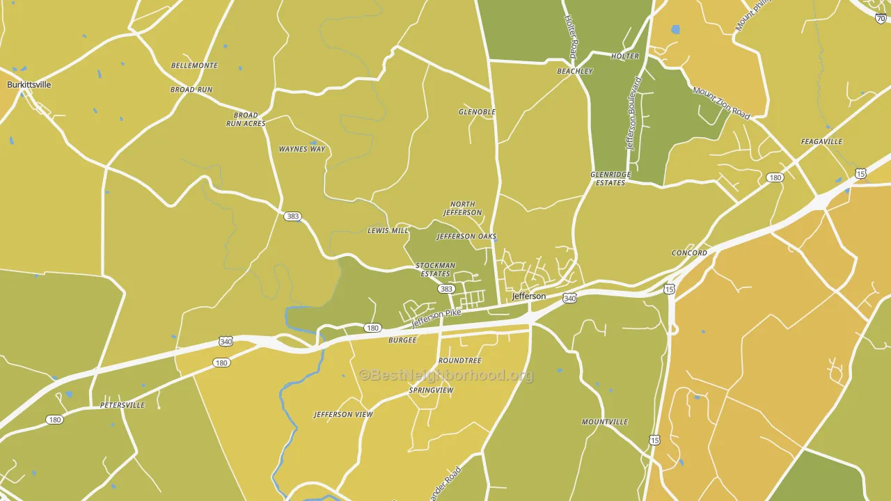 Map of the best neighborhoods in the Jefferson area, with better matches in green and worse matches in red