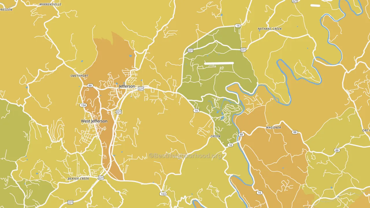 Map of the best neighborhoods in the Jefferson area, with better matches in green and worse matches in red