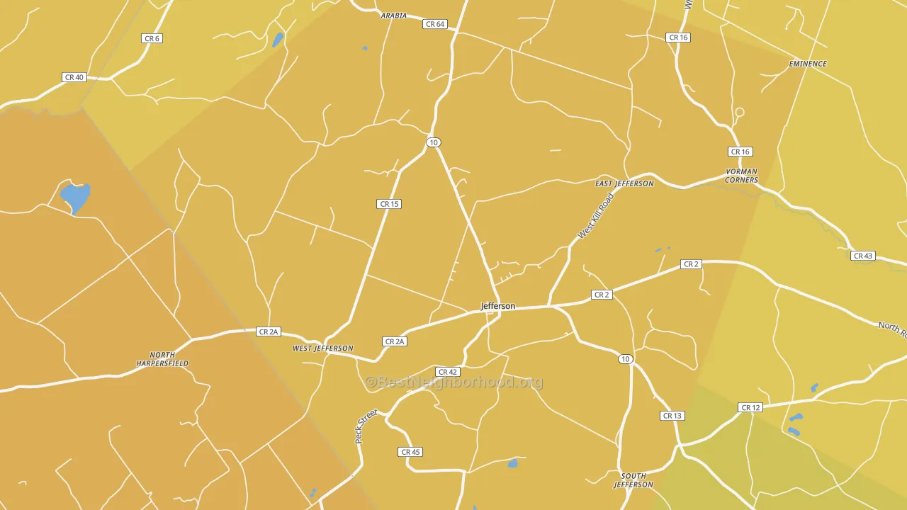 Map of the best neighborhoods in the Jefferson area, with better matches in green and worse matches in red