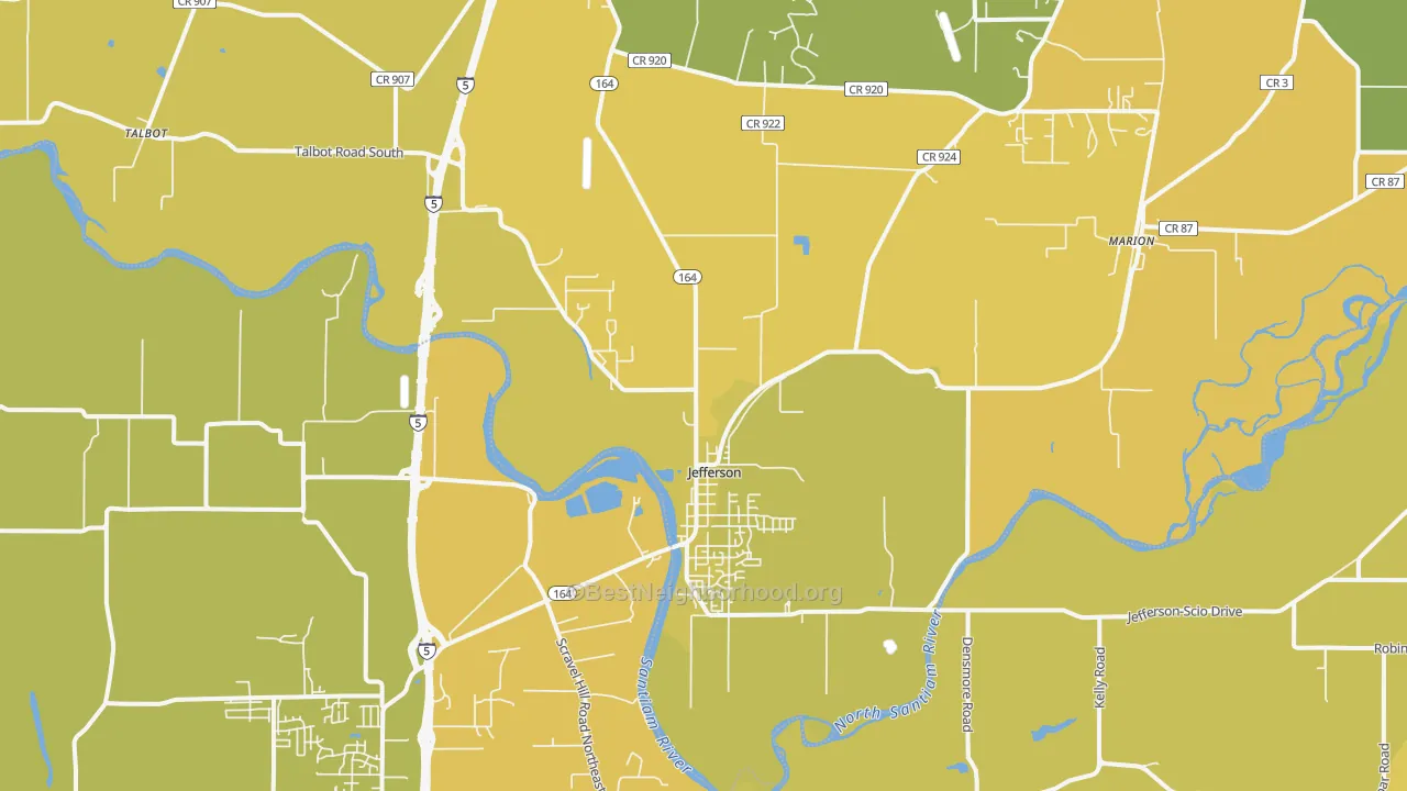Map of the best neighborhoods in the Jefferson area, with better matches in green and worse matches in red