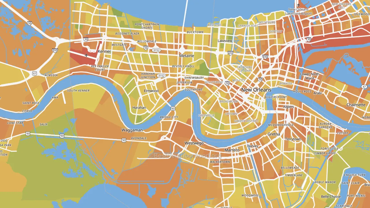 Map of the best neighborhoods in the Jefferson Parish area, with better matches in green and worse matches in red