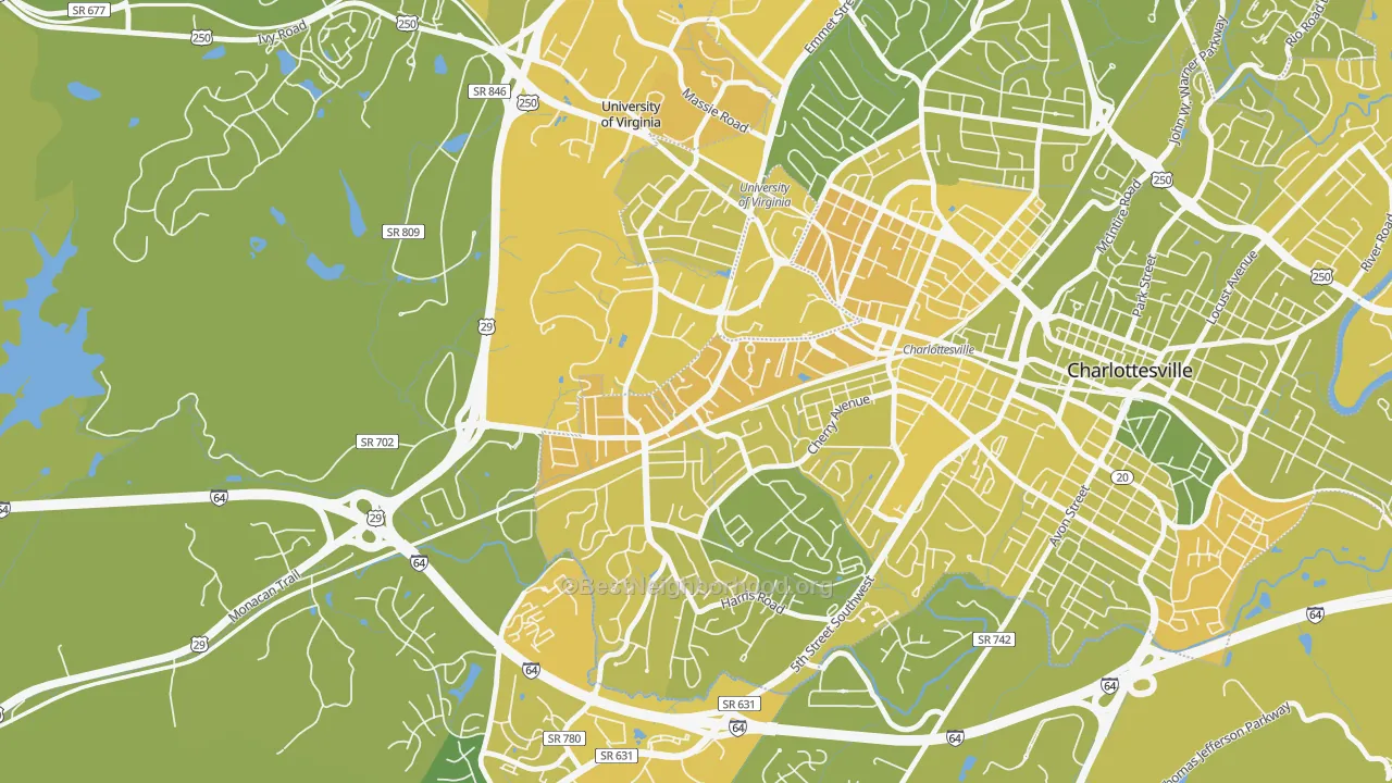 Map of the best neighborhoods in the Jefferson Park, Charlottesville area, with better matches in green and worse matches in red