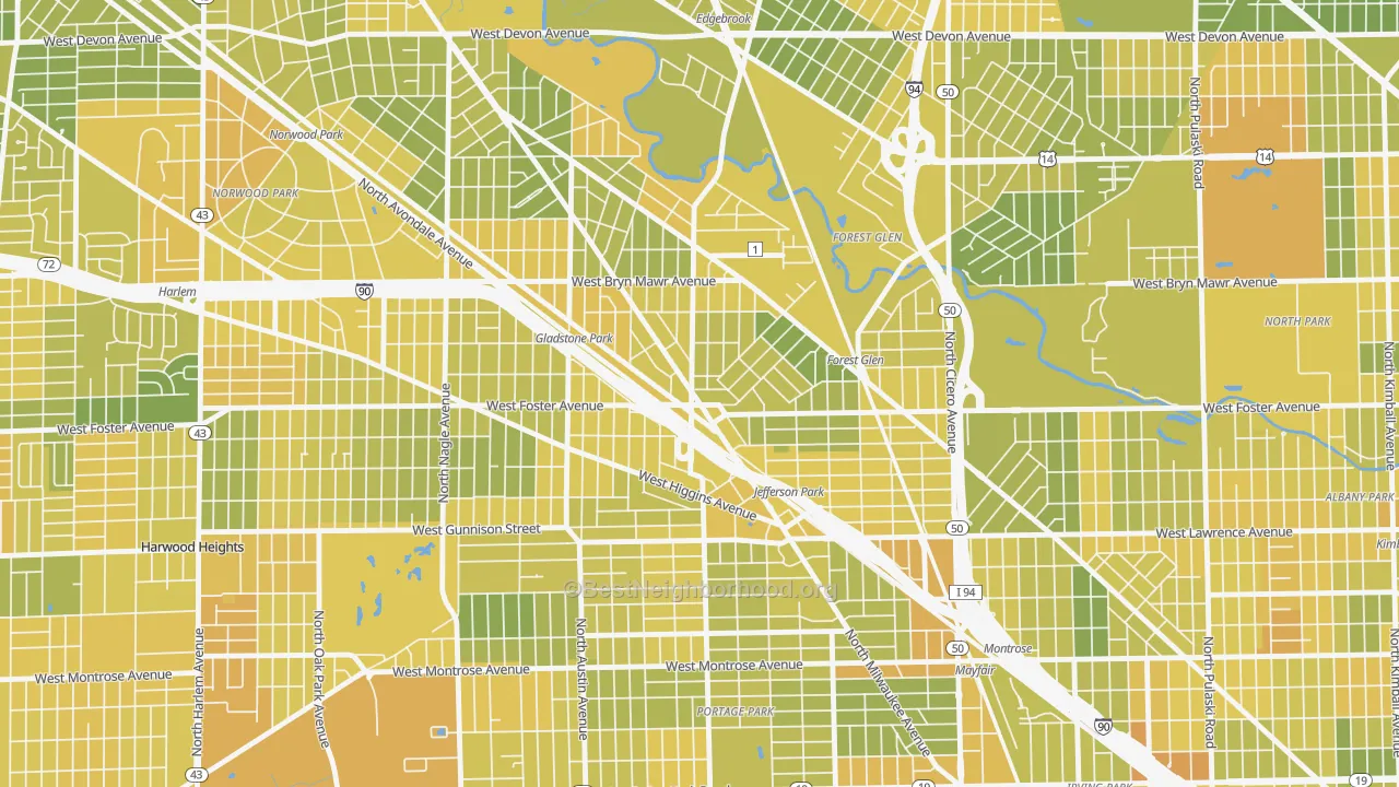 Map of the best neighborhoods in the Jefferson Park, Chicago area, with better matches in green and worse matches in red