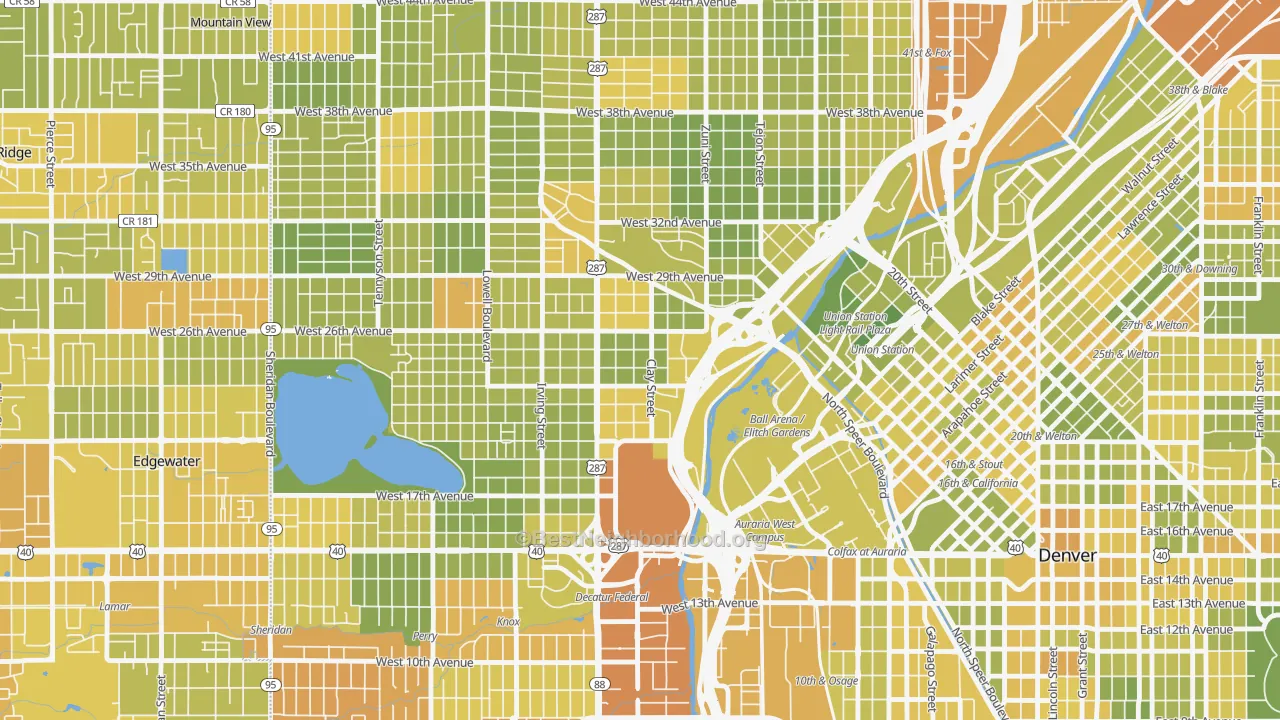 Map of the best neighborhoods in the Jefferson Park, Denver area, with better matches in green and worse matches in red