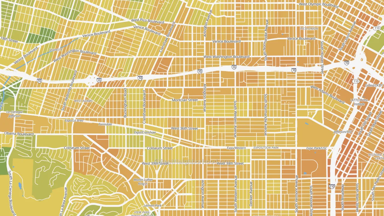 Map of the best neighborhoods in the Jefferson Park, Los Angeles area, with better matches in green and worse matches in red