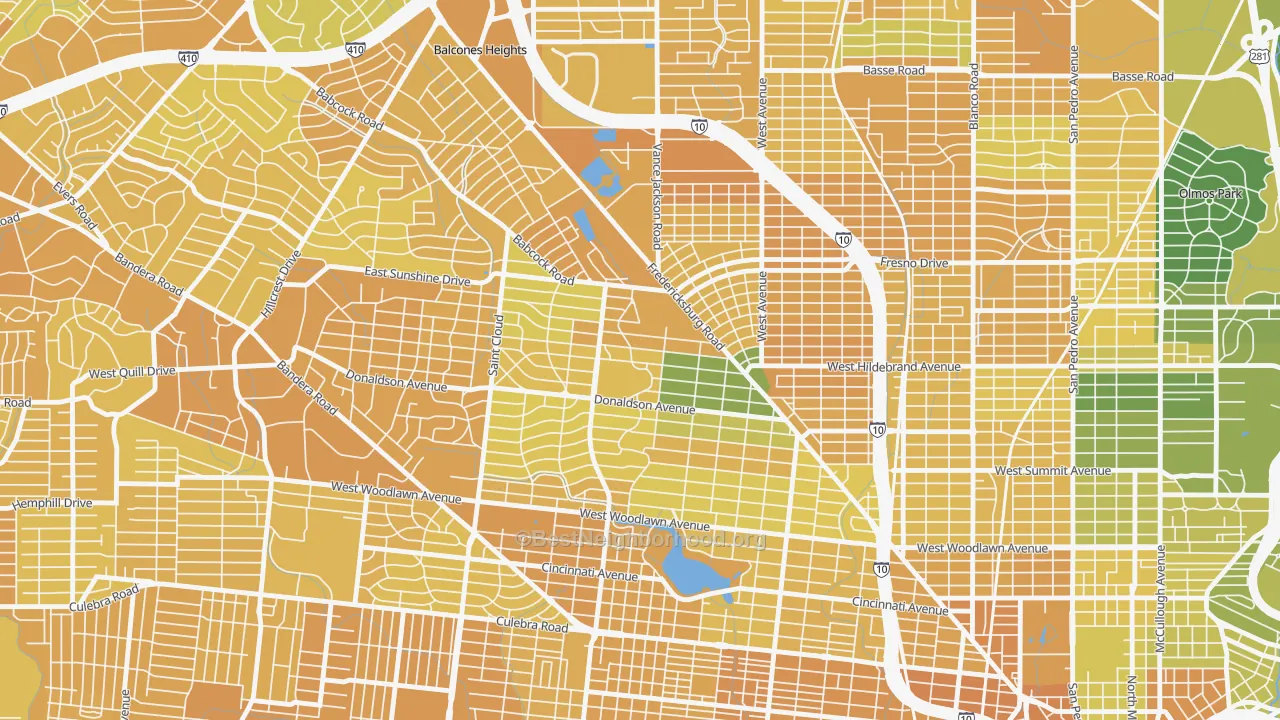 Map of the best neighborhoods in the Jefferson, San Antonio area, with better matches in green and worse matches in red