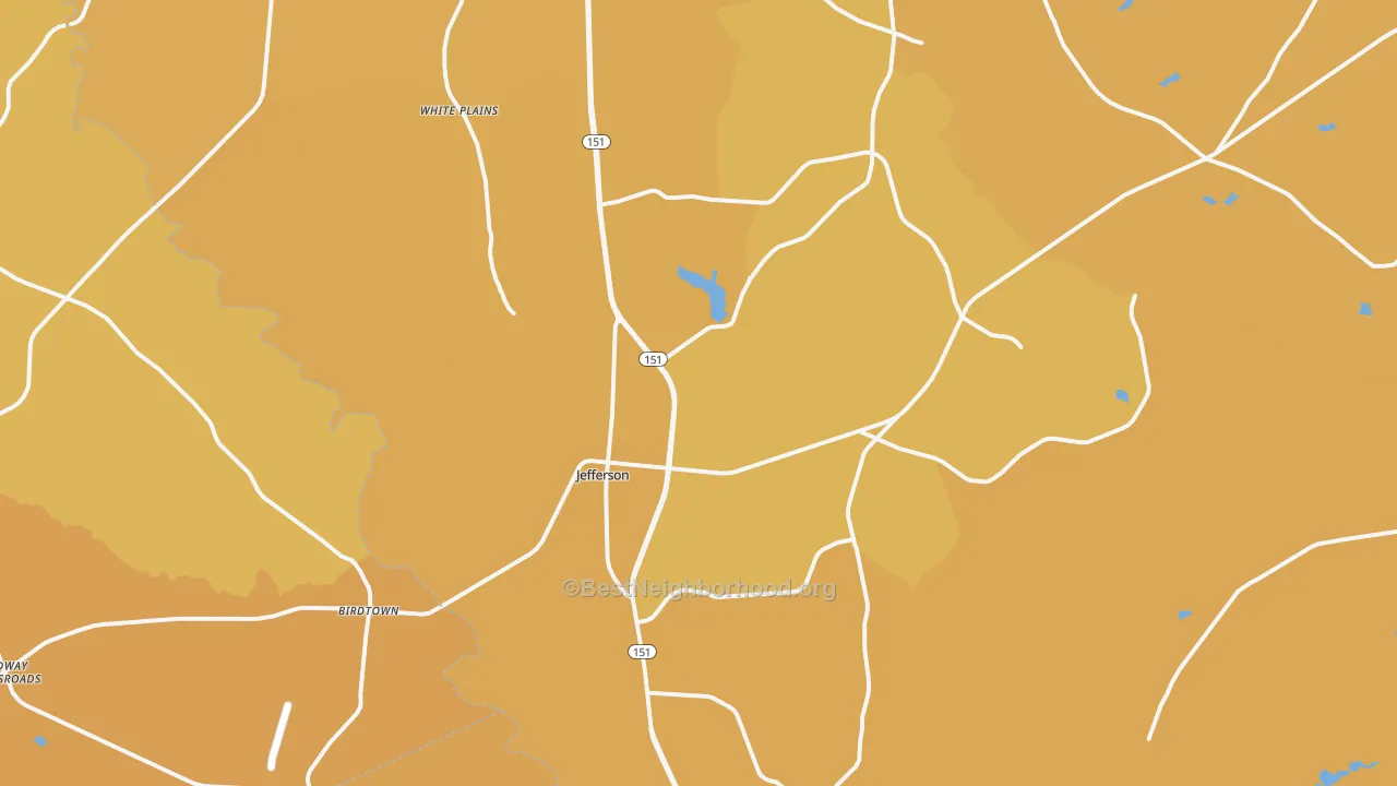 Map of the best neighborhoods in the Jefferson area, with better matches in green and worse matches in red
