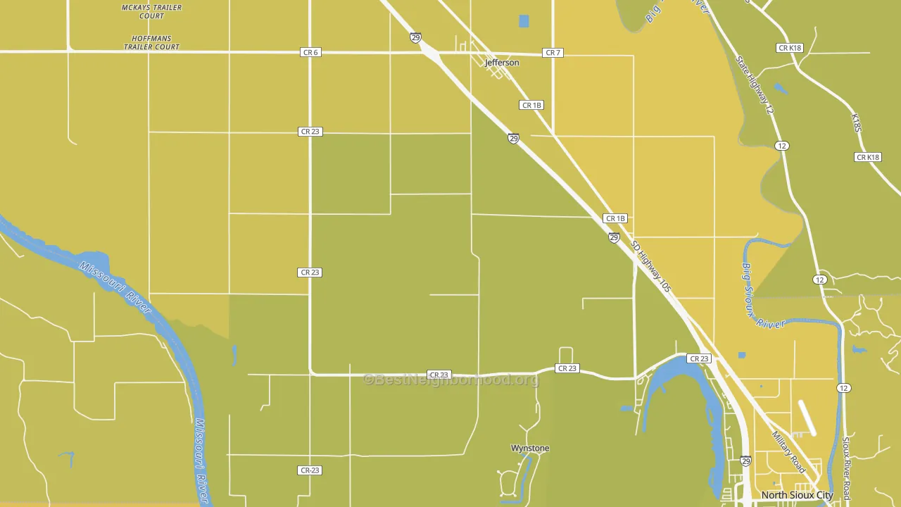 Map of the best neighborhoods in the Jefferson area, with better matches in green and worse matches in red
