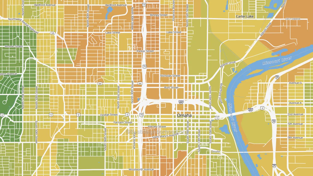Map of the best neighborhoods in the Jefferson Square, Omaha area, with better matches in green and worse matches in red