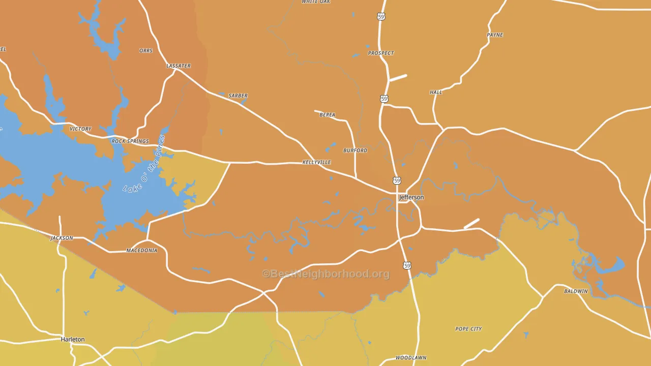 Map of the best neighborhoods in the Jefferson area, with better matches in green and worse matches in red