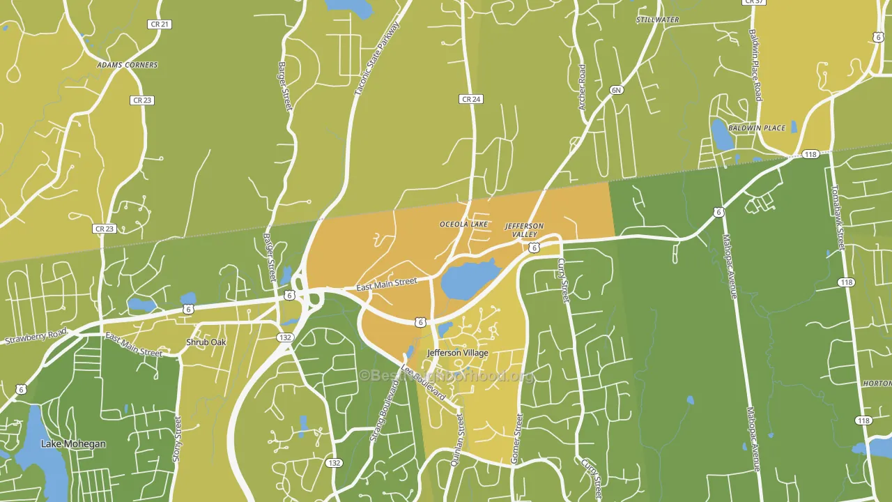 Map of the best neighborhoods in the Jefferson Valley area, with better matches in green and worse matches in red