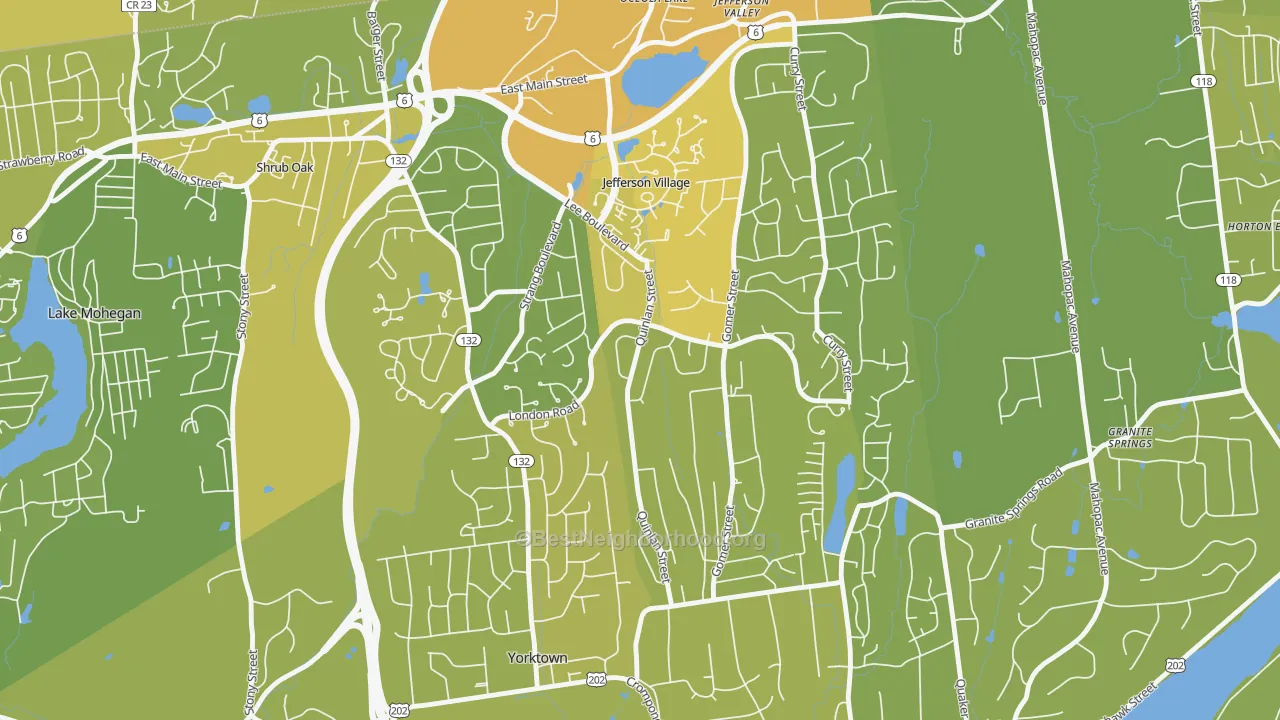 Map of the best neighborhoods in the Jefferson Valley-Yorktown area, with better matches in green and worse matches in red