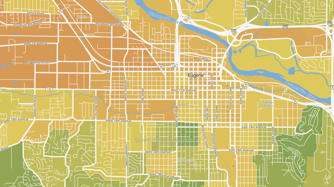 Map of the best neighborhoods in the Jefferson Westside, Eugene area, with better matches in green and worse matches in red