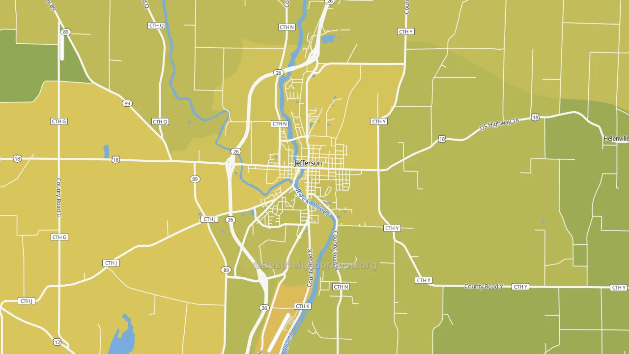 Map of the best neighborhoods in the Jefferson area, with better matches in green and worse matches in red