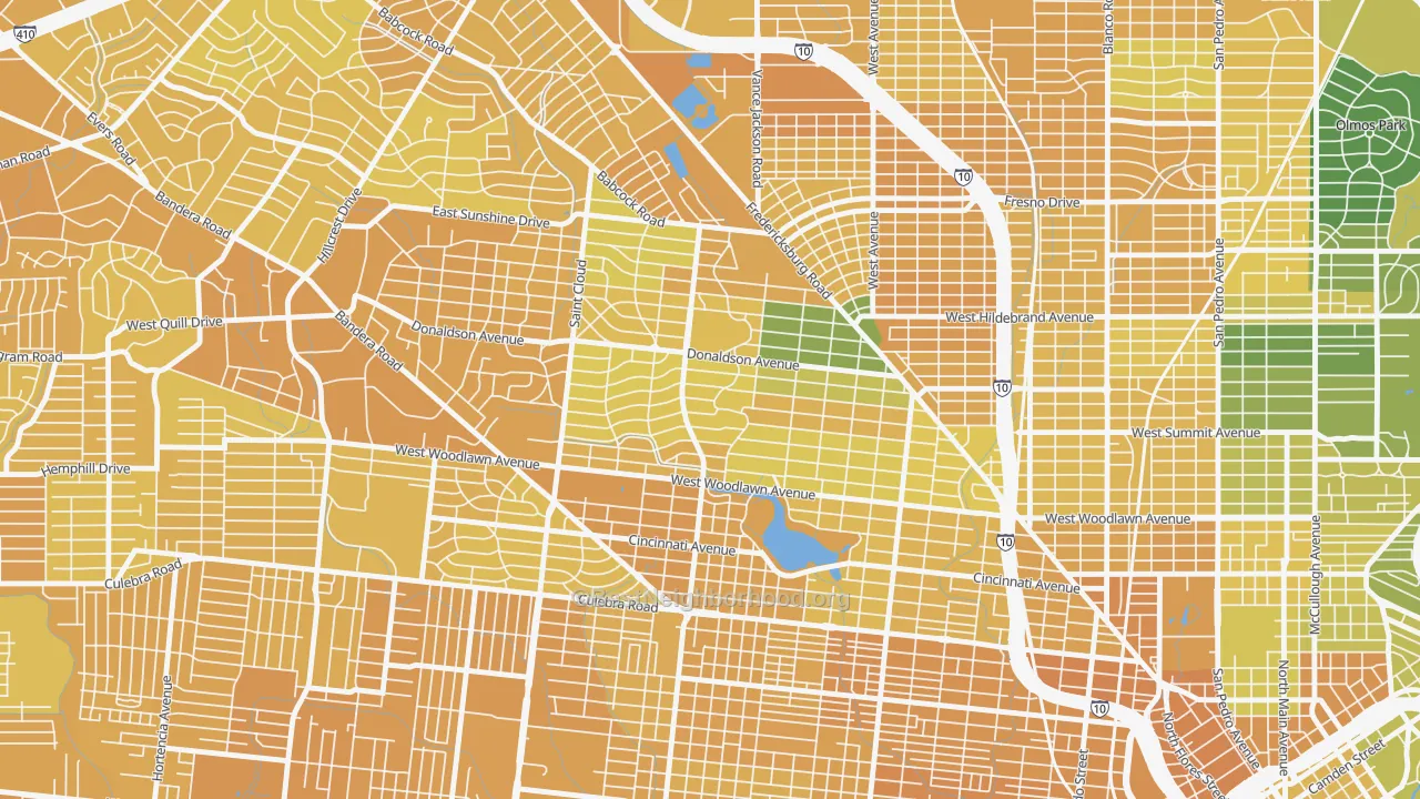Map of the best neighborhoods in the Jefferson-Woodlawn Lake, San Antonio area, with better matches in green and worse matches in red