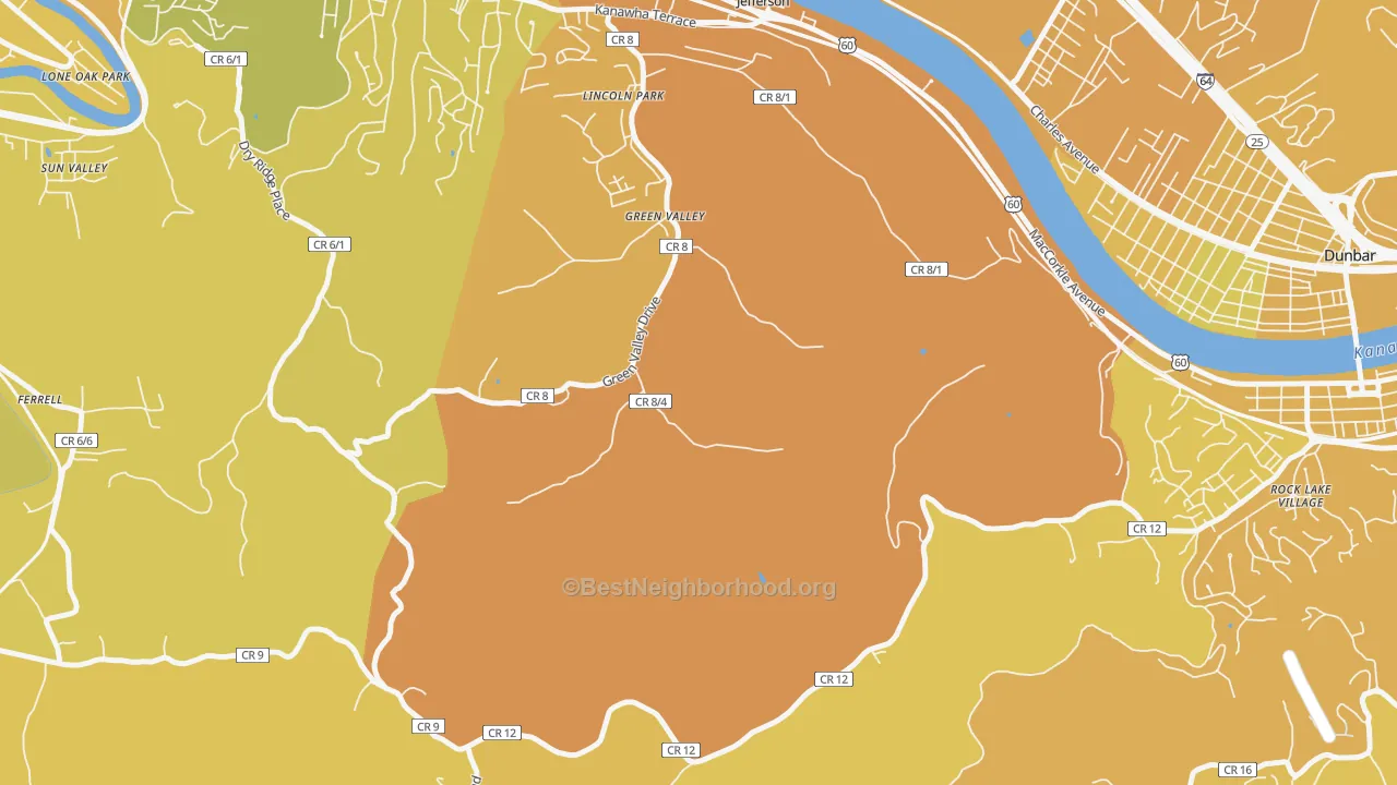 Map of the best neighborhoods in the Jefferson area, with better matches in green and worse matches in red