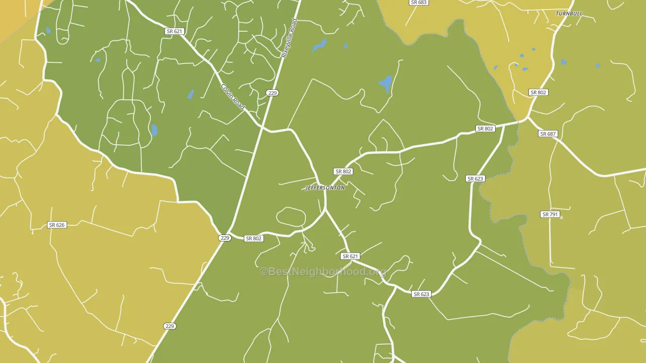 Map of the best neighborhoods in the Jeffersonton area, with better matches in green and worse matches in red