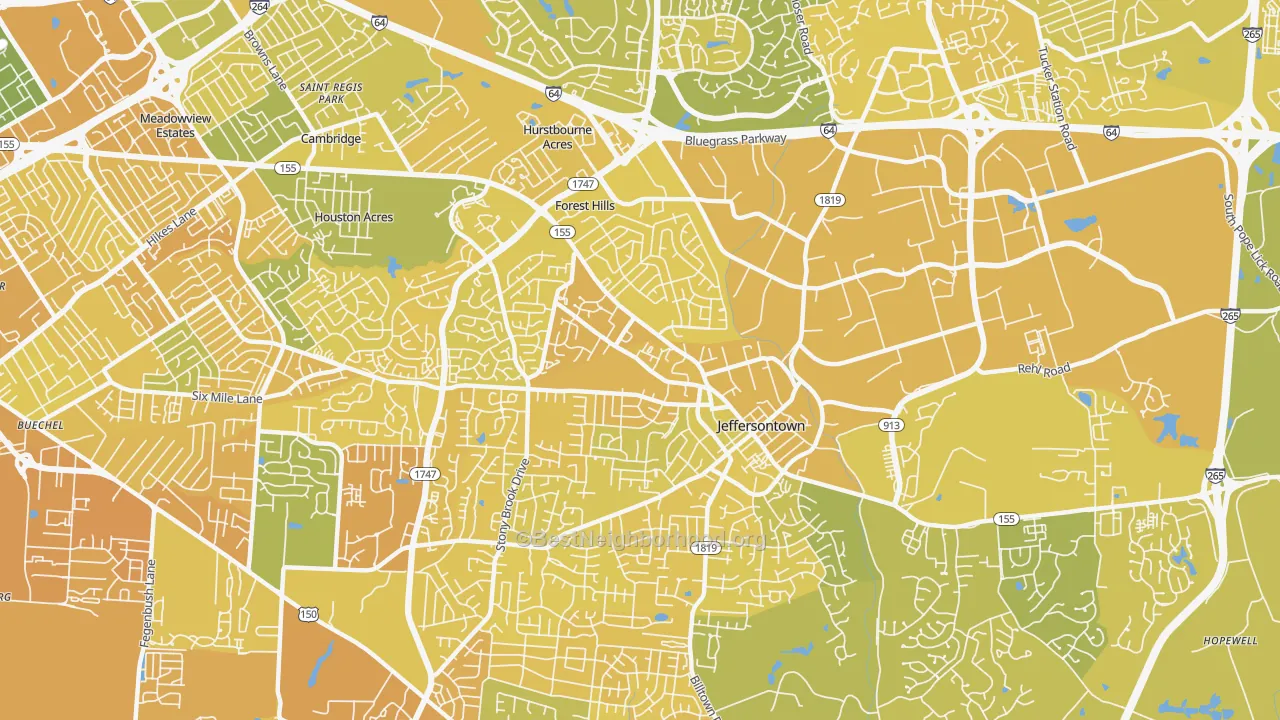 Map of the best neighborhoods in the Jeffersontown area, with better matches in green and worse matches in red