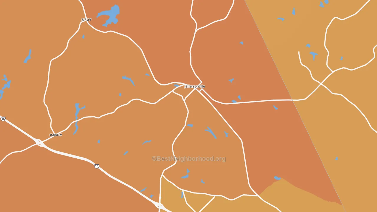 Map of the best neighborhoods in the Jeffersonville area, with better matches in green and worse matches in red