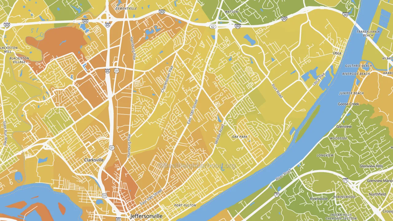 Map of the best neighborhoods in the Jeffersonville area, with better matches in green and worse matches in red