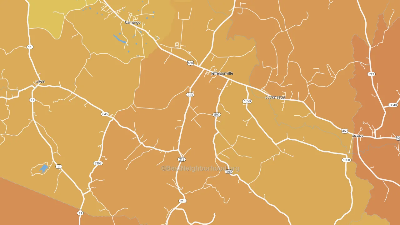 Map of the best neighborhoods in the Jeffersonville area, with better matches in green and worse matches in red