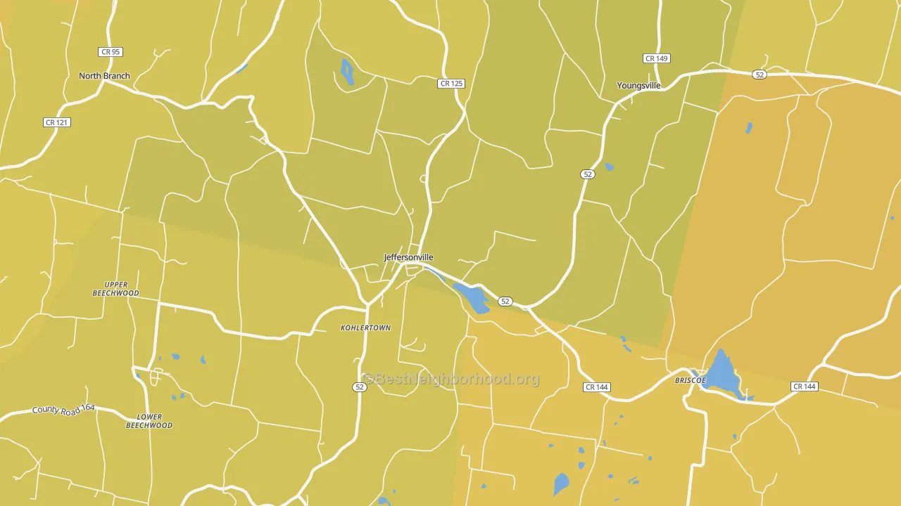 Map of the best neighborhoods in the Jeffersonville area, with better matches in green and worse matches in red