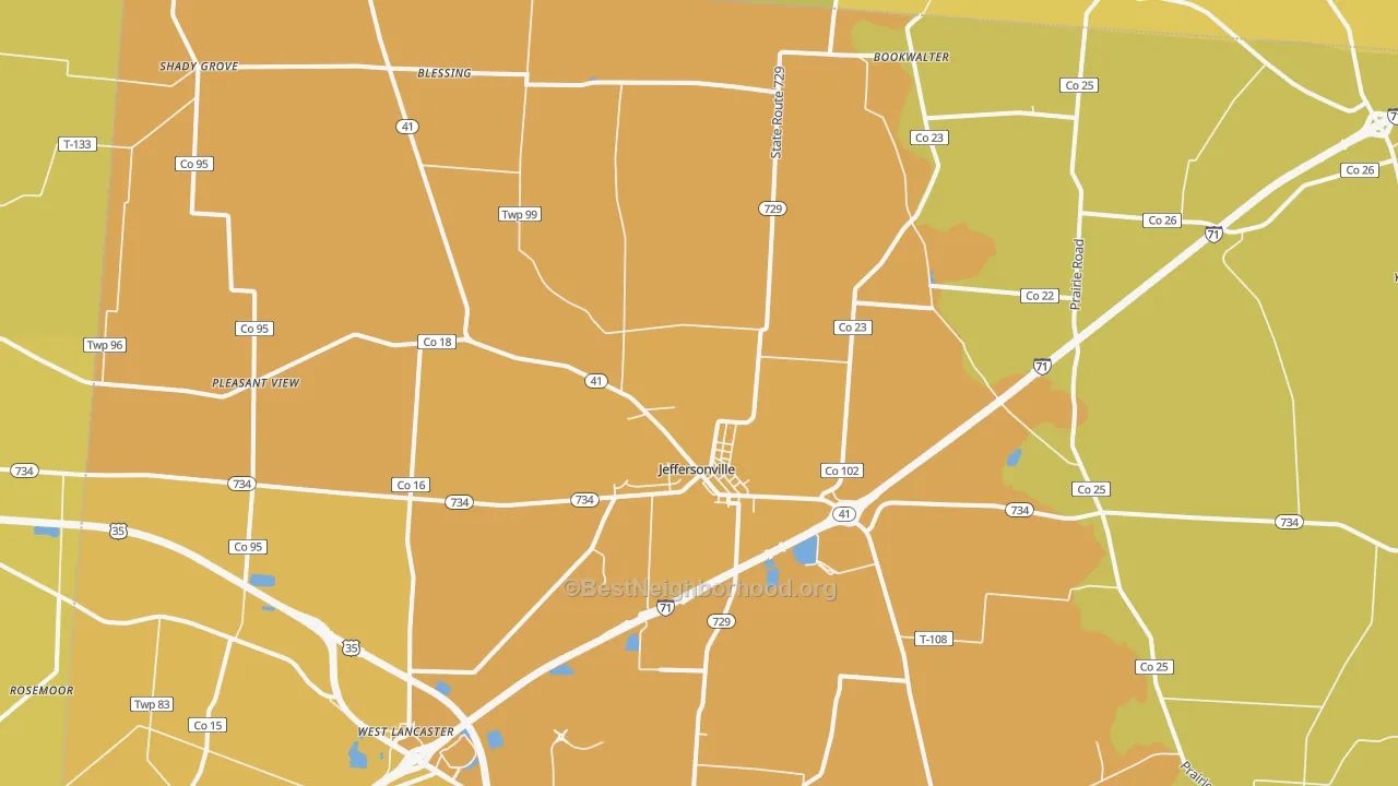 Map of the best neighborhoods in the Jeffersonville area, with better matches in green and worse matches in red