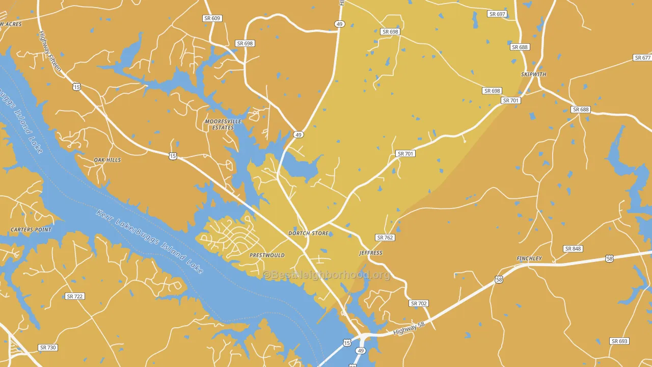 Map of the best neighborhoods in the Jeffress area, with better matches in green and worse matches in red