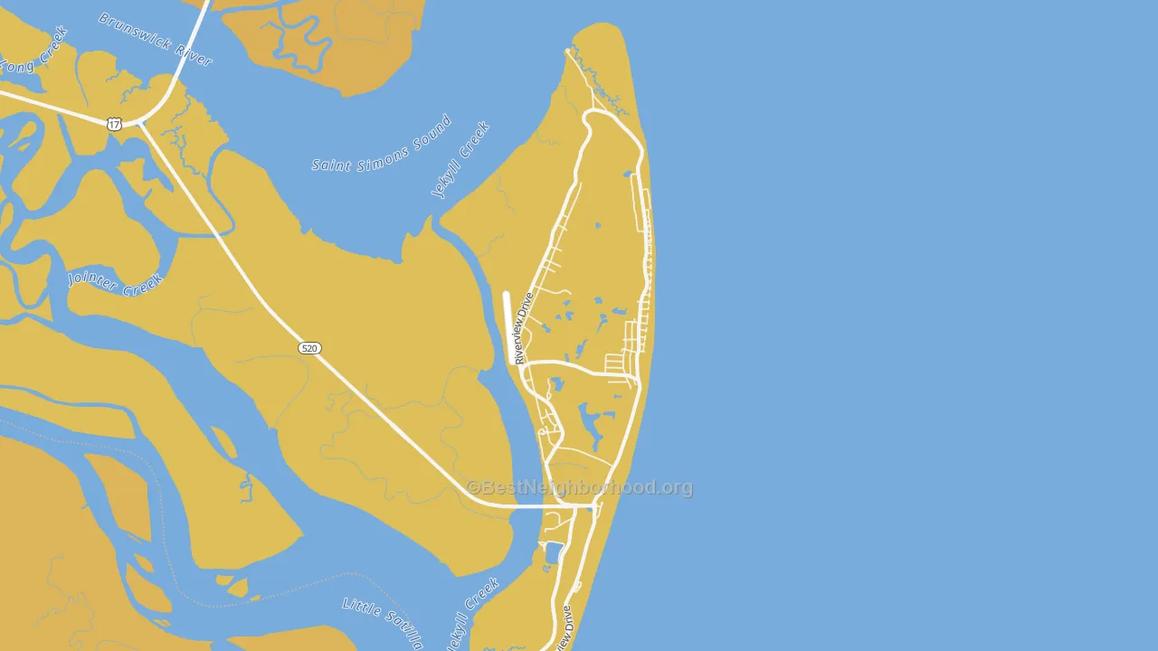 Map of the best neighborhoods in the Jekyll Island area, with better matches in green and worse matches in red