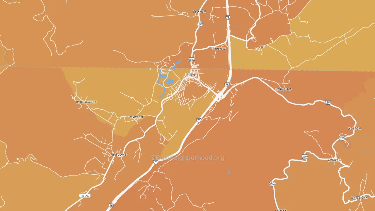 Map of the best neighborhoods in the Jellico area, with better matches in green and worse matches in red