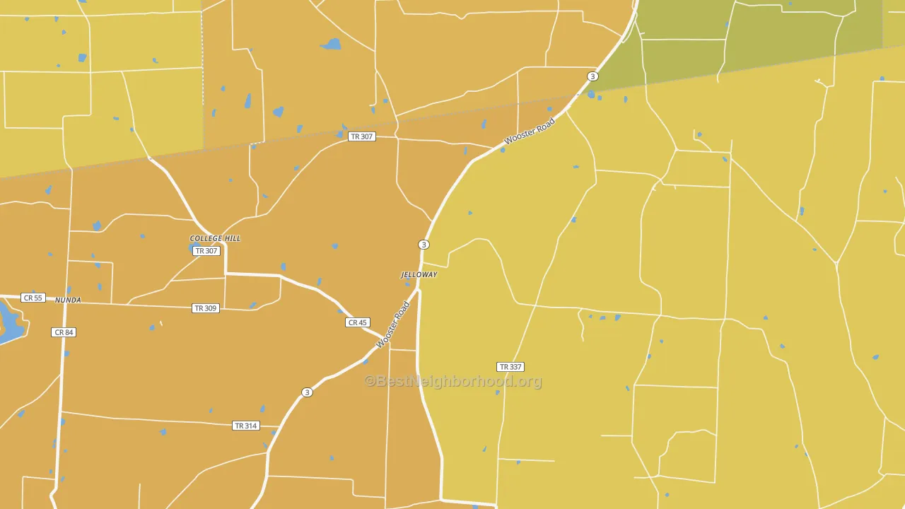 Map of the best neighborhoods in the Jelloway area, with better matches in green and worse matches in red