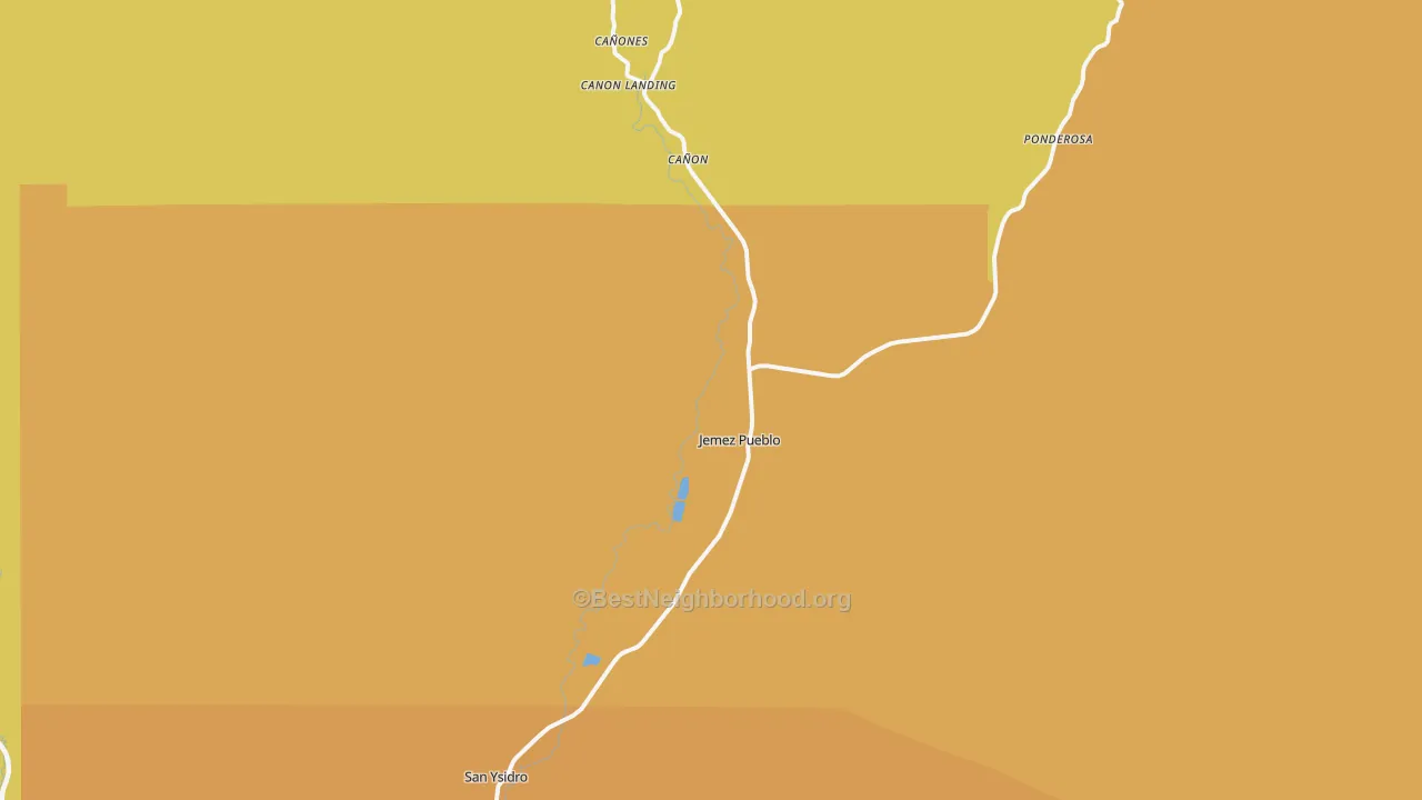 Map of the best neighborhoods in the Jemez Pueblo area, with better matches in green and worse matches in red