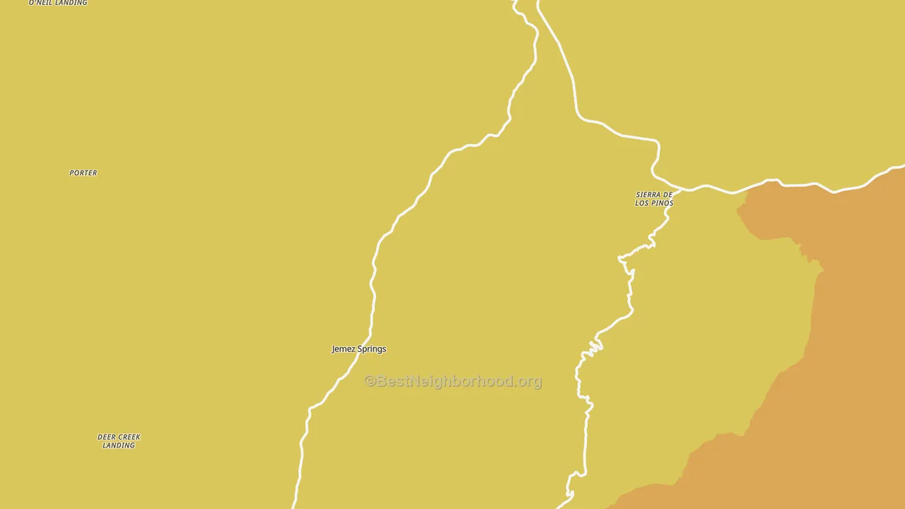 Map of the best neighborhoods in the Jemez Springs area, with better matches in green and worse matches in red