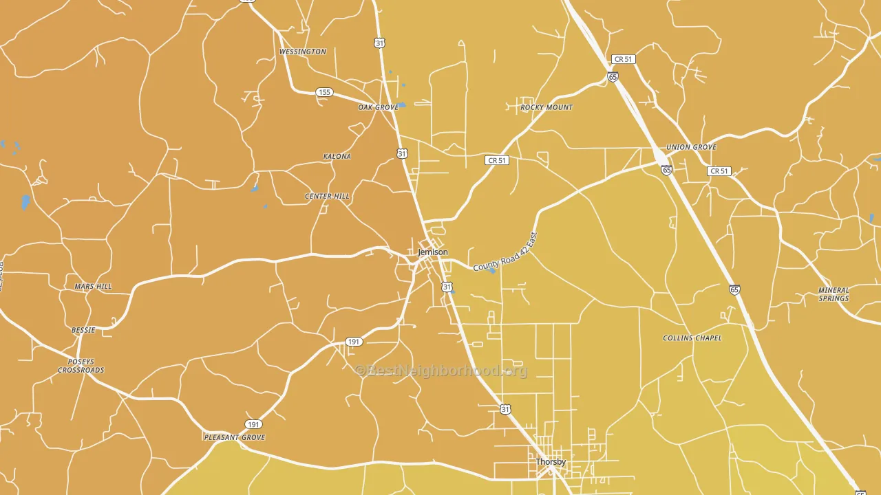 Map of the best neighborhoods in the Jemison area, with better matches in green and worse matches in red