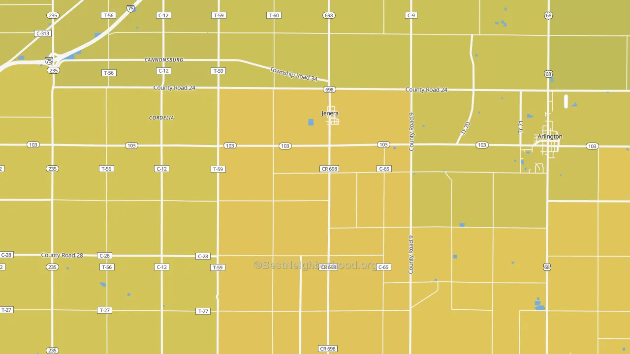 Map of the best neighborhoods in the Jenera area, with better matches in green and worse matches in red