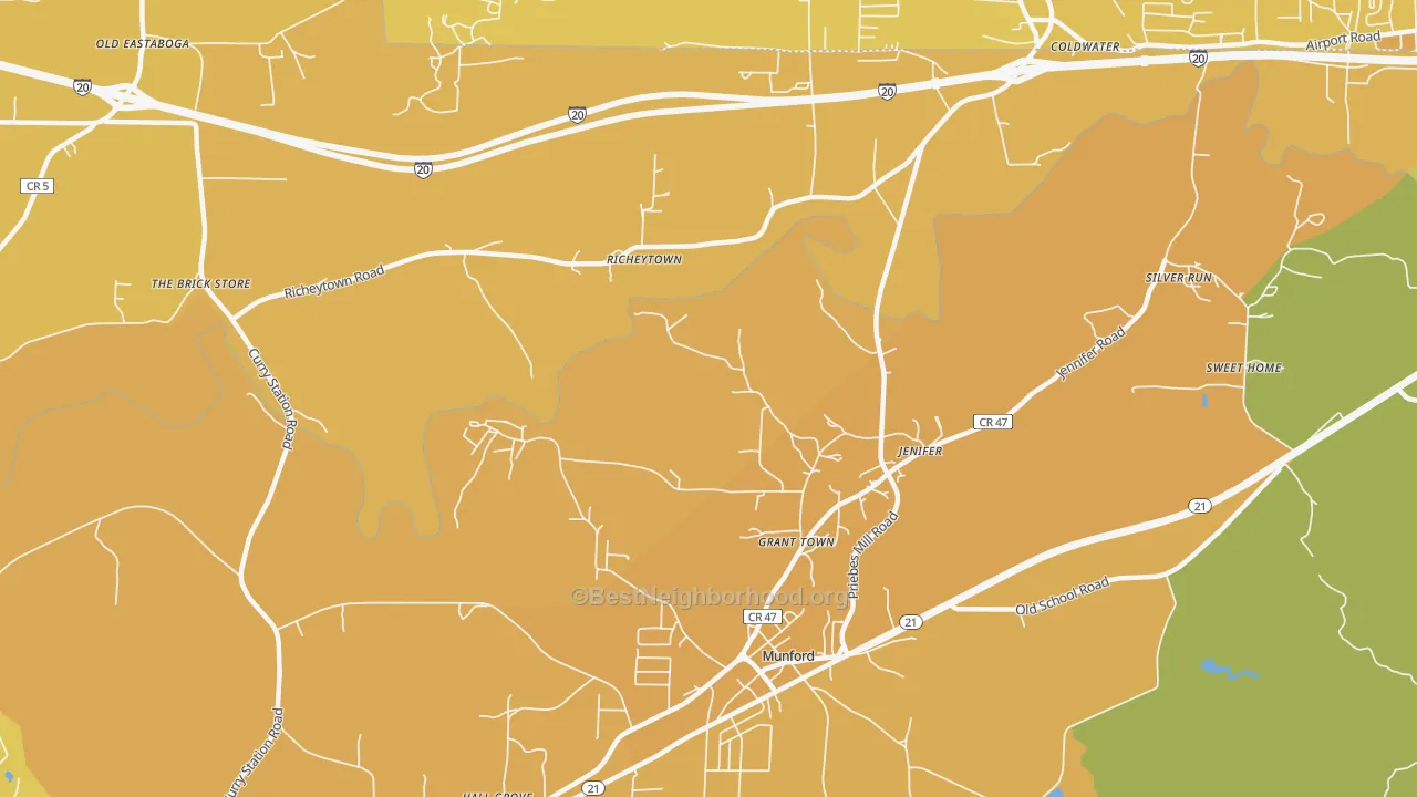 Map of the best neighborhoods in the Jenifer area, with better matches in green and worse matches in red