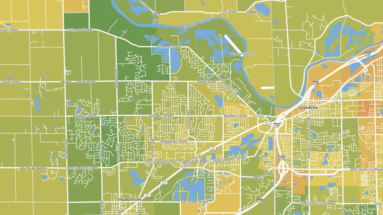 Map of the best neighborhoods in the Jenison area, with better matches in green and worse matches in red