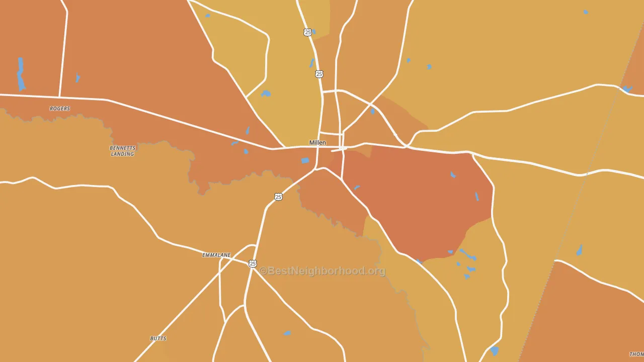 Map of the best neighborhoods in the Jenkins County area, with better matches in green and worse matches in red