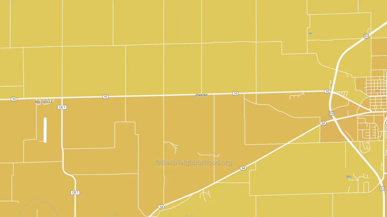 Map of the best neighborhoods in the Jenkins area, with better matches in green and worse matches in red