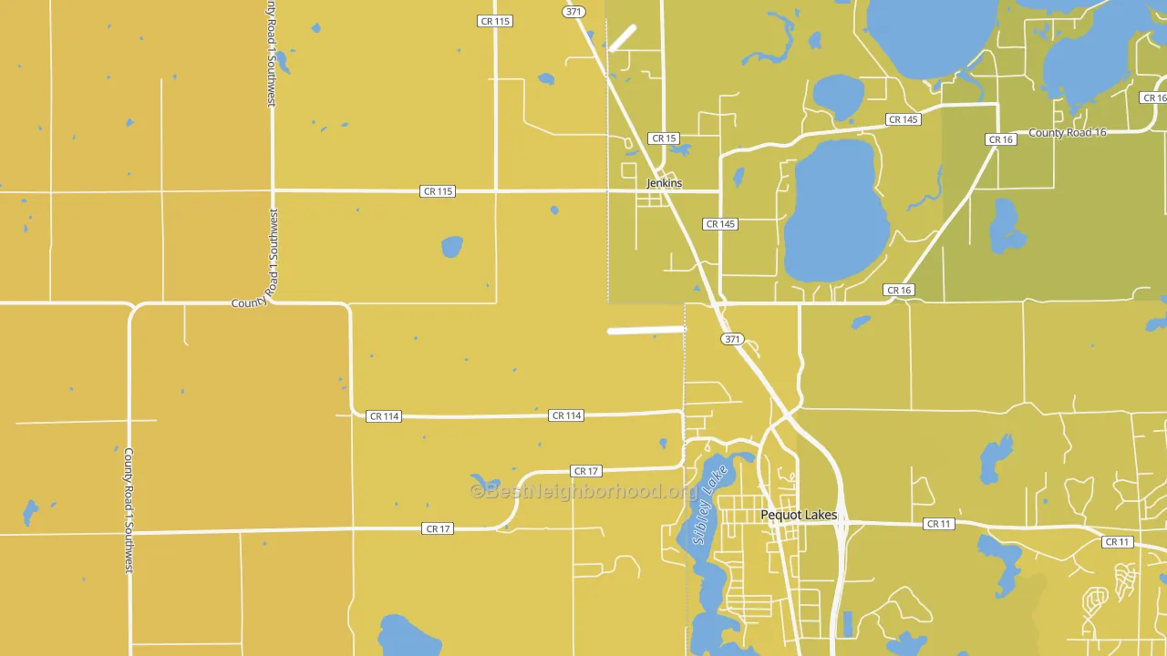 Map of the best neighborhoods in the Jenkins area, with better matches in green and worse matches in red