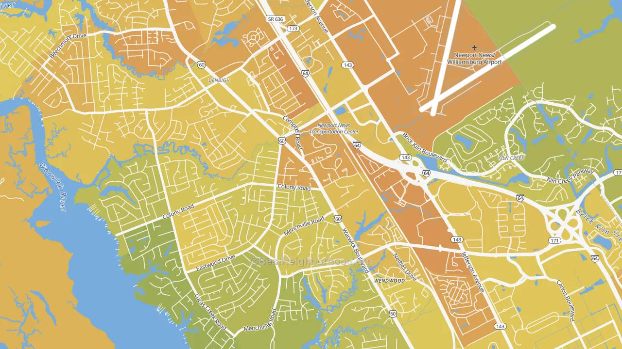 Map of the best neighborhoods in the Jenkins, Newport News area, with better matches in green and worse matches in red