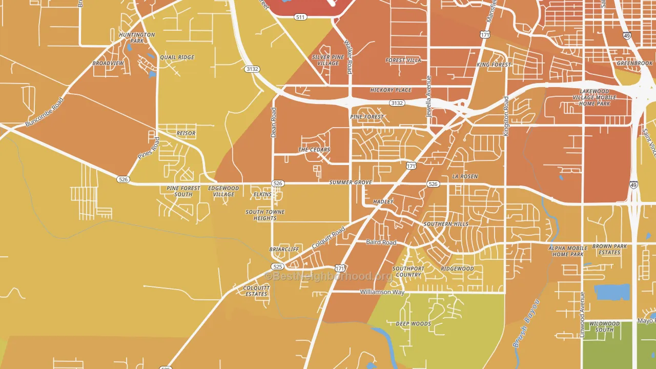 Map of the best neighborhoods in the Jenkins-Pinecroft, Shreveport area, with better matches in green and worse matches in red