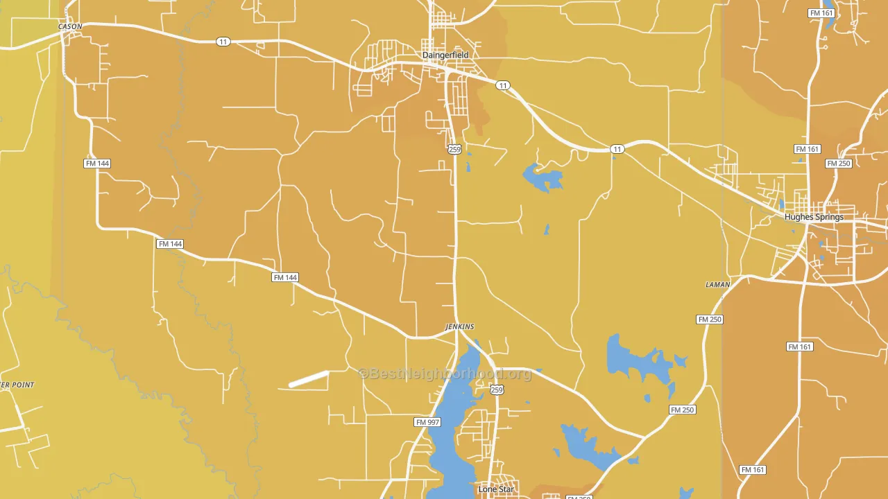 Map of the best neighborhoods in the Jenkins area, with better matches in green and worse matches in red