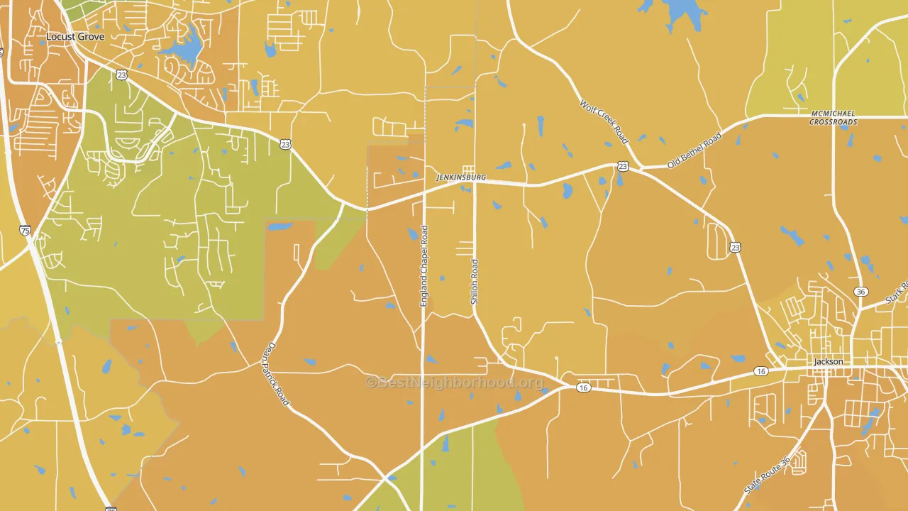 Map of the best neighborhoods in the Jenkinsburg area, with better matches in green and worse matches in red