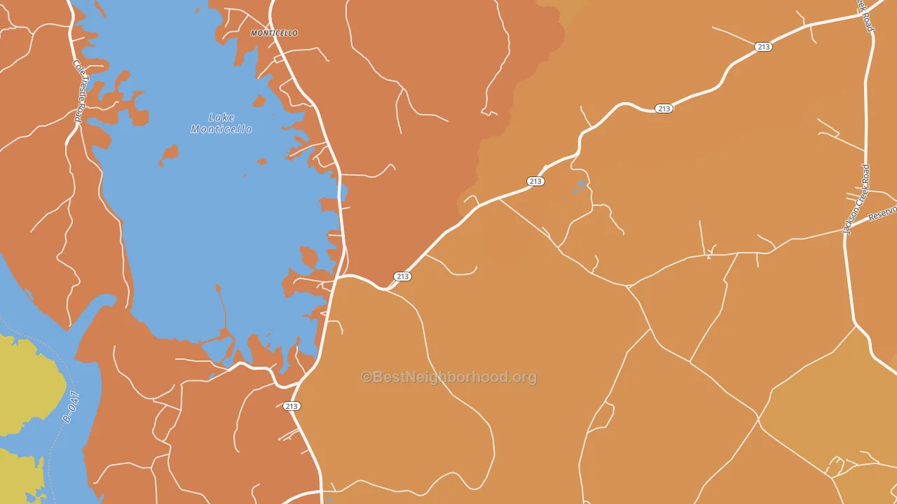 Map of the best neighborhoods in the Jenkinsville area, with better matches in green and worse matches in red