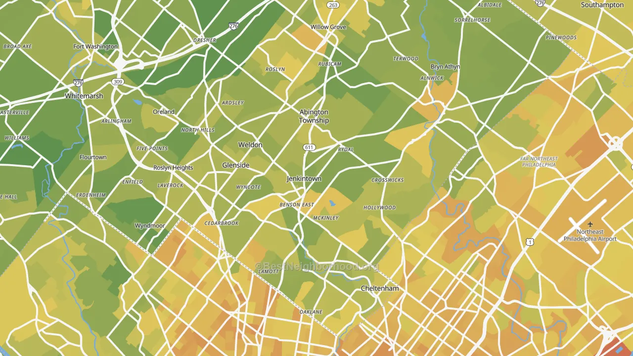 Map of the best neighborhoods in the Jenkintown area, with better matches in green and worse matches in red