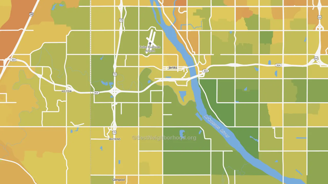 Map of the best neighborhoods in the Jenks area, with better matches in green and worse matches in red